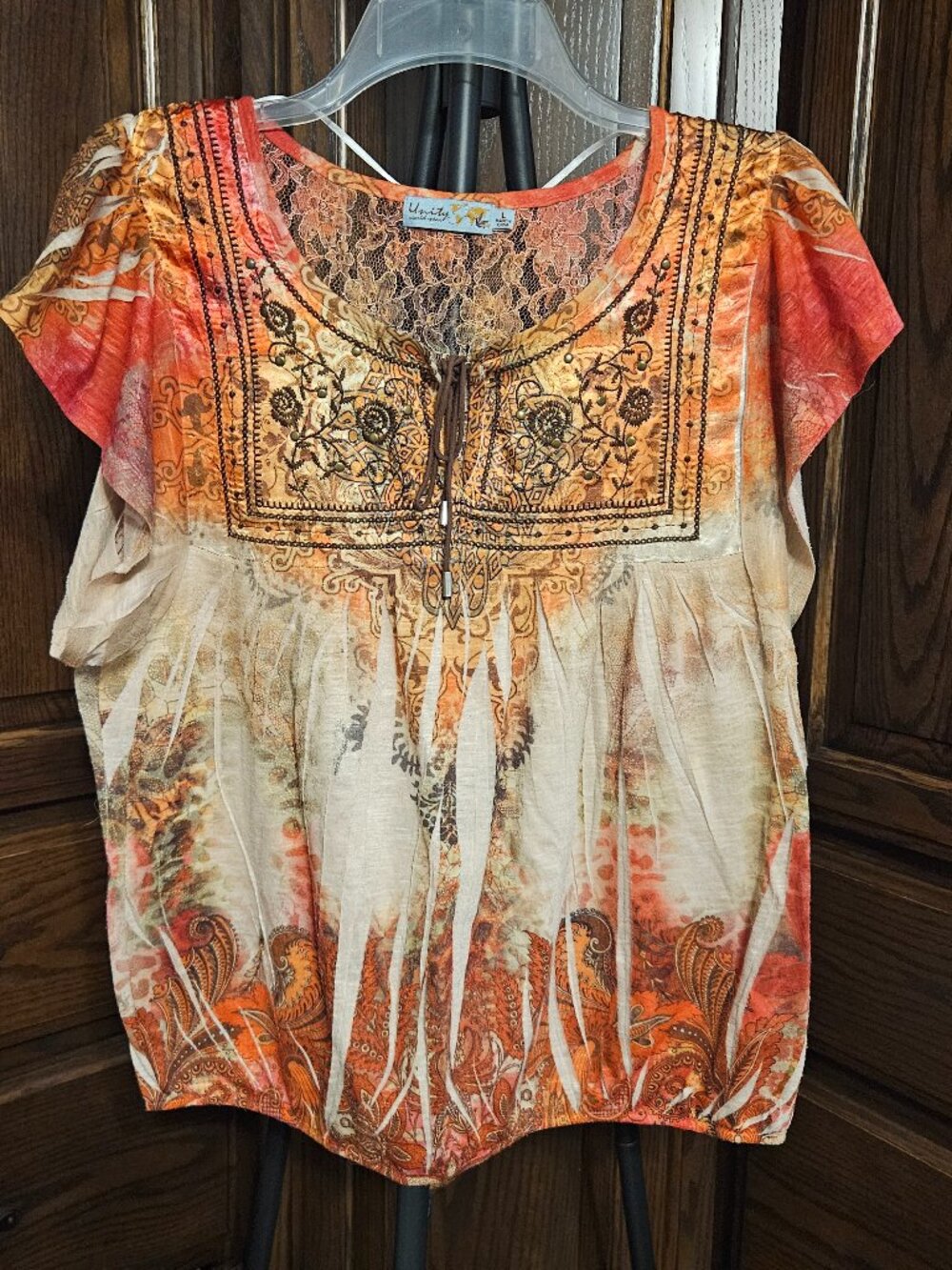 Unity World Wear L Boho Paisley Lace Embroidered Flutter Sleeve Top